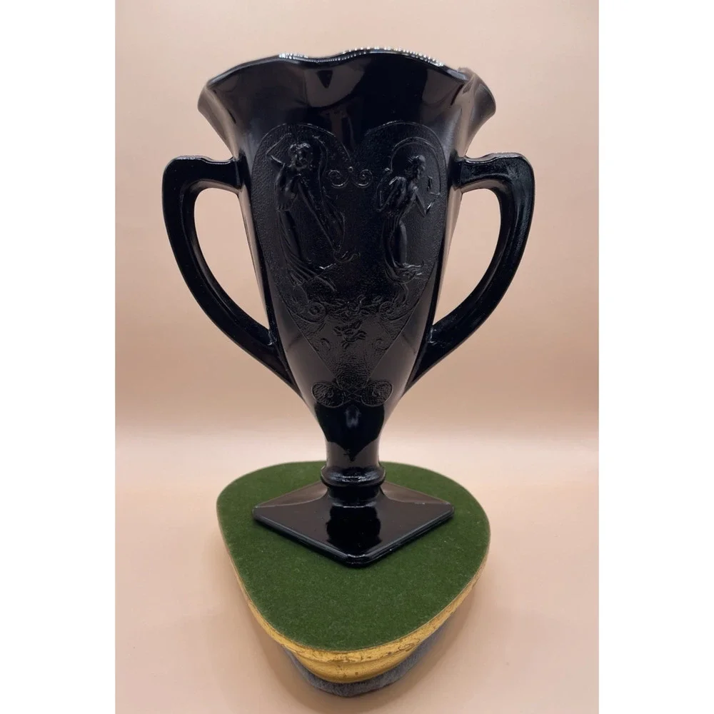 Vintage L.E. Smith Black Amethyst Glass Vase- Art Deco Two Dancing Nymphs